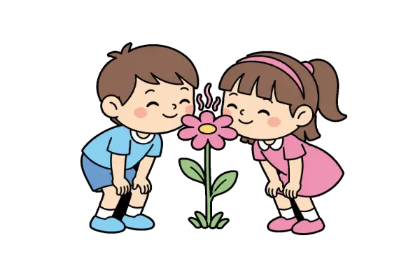 幼兒用鼻子聞花香氣味插圖