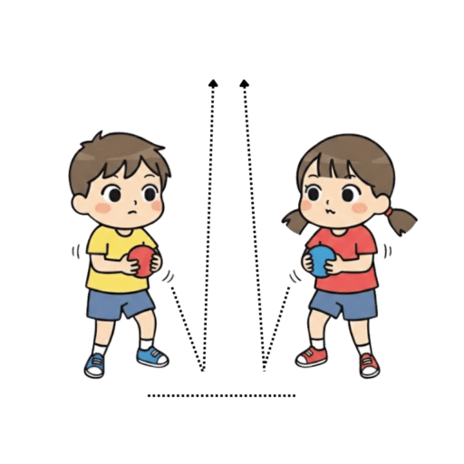 4-12 两人同時向地面90 度丟球，再接對方的球