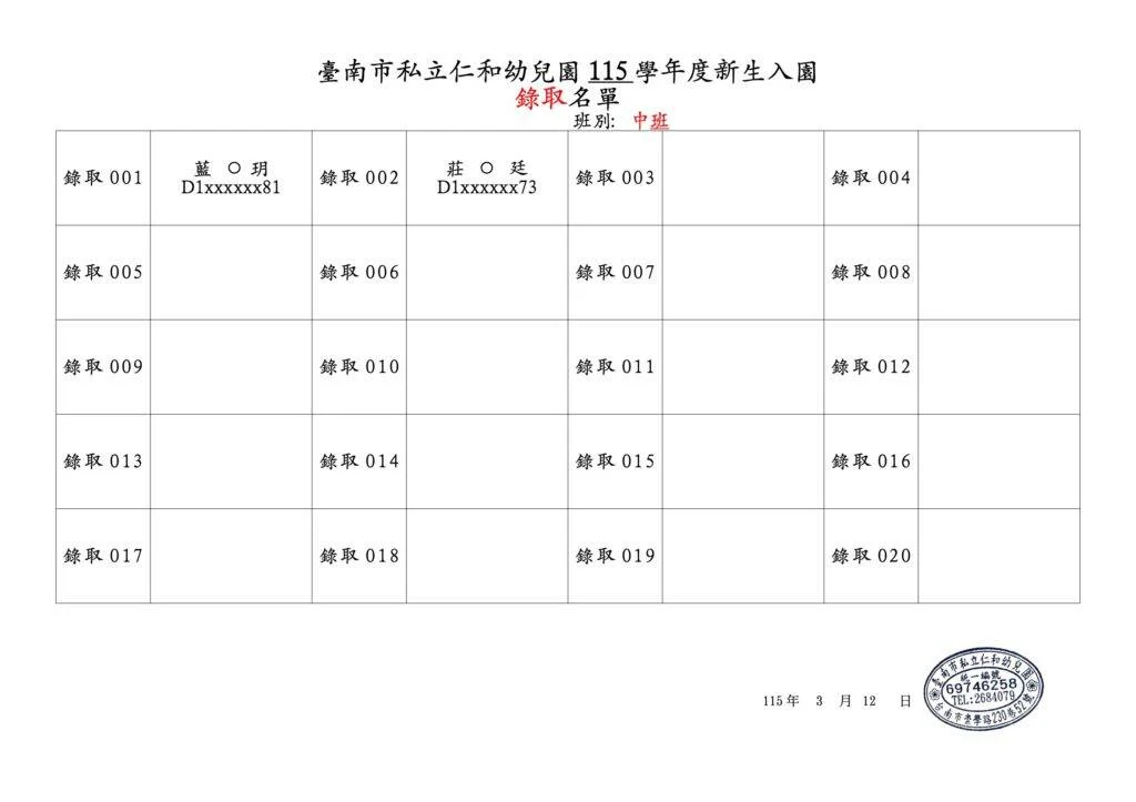 仁和幼兒園照片 - 生第一階段 錄取名單海報.刊登網站錄取名單 A4 312 2 1024x723.jpeg