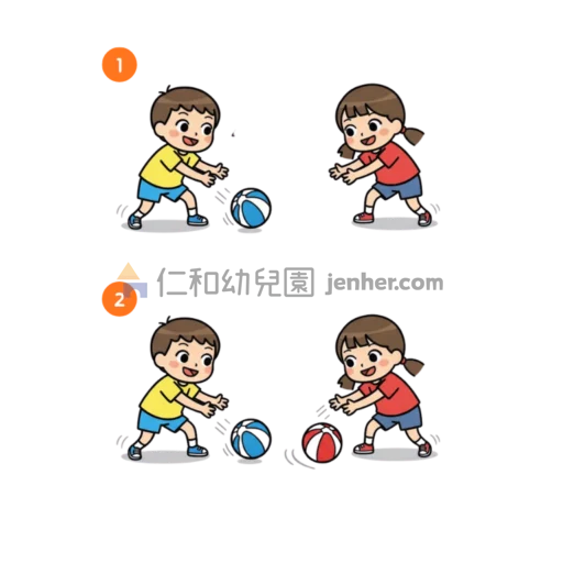 幼兒球類遊戲圖解：兩名幼兒面對面進行推球與傳接球