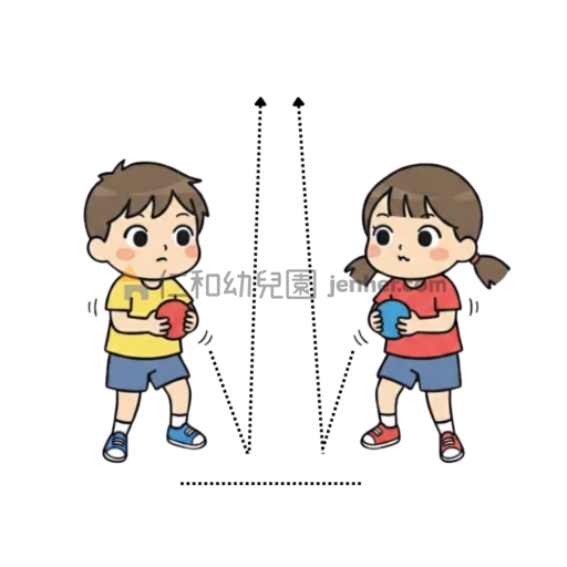 幼兒球類遊戲圖解：兩名幼兒同時將球彈向地面進行交叉接球