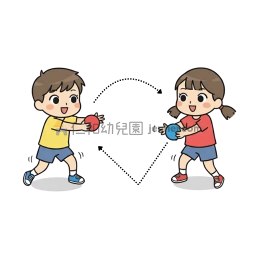 幼兒球類遊戲圖解：兩名幼兒一人高拋傳球、一人滾地傳球進行交換
