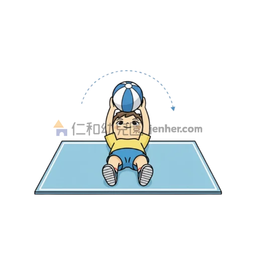 幼兒球類遊戲圖解：幼兒雙手緊抱球在墊子上橫向側滾