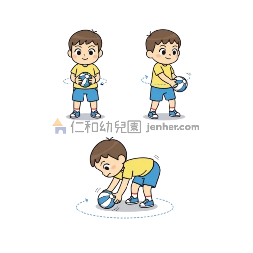 幼兒球類遊戲圖解：幼兒將球由頸部順著軀幹一路滾落至地面