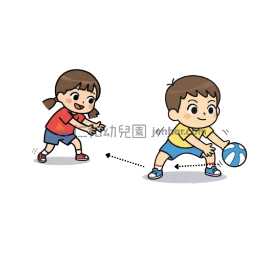 幼兒球類遊戲圖解：幼兒將球從自己雙腳間彈跳傳給身後同伴