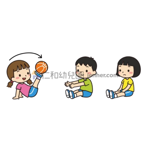 幼兒球類遊戲圖解：幼兒躺或坐著用雙腳夾球進行前後遞傳