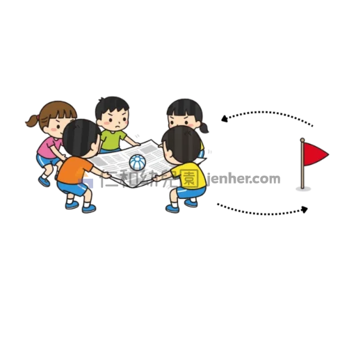 幼兒球類遊戲圖解：兩名幼兒合拉報紙運送球體