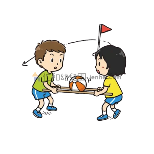 幼兒球類遊戲圖解：兩名幼兒持棒子共同夾住球前進