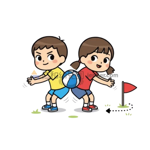 幼兒球類遊戲圖解：兩名幼兒面對面用肚子夾球共同移動