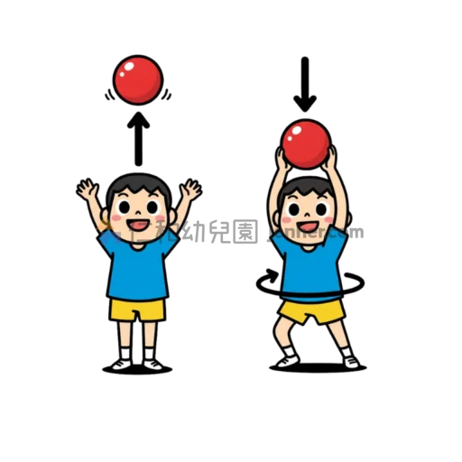 幼兒球類遊戲圖解：幼兒向空中拋球並在原地轉圈後接住球