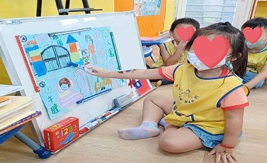 愛迪生家幼兒幼兒幼兒幼兒根據老師描述幼兒園作息內容,指出海報圖文並用台語說出作息名詞。114年